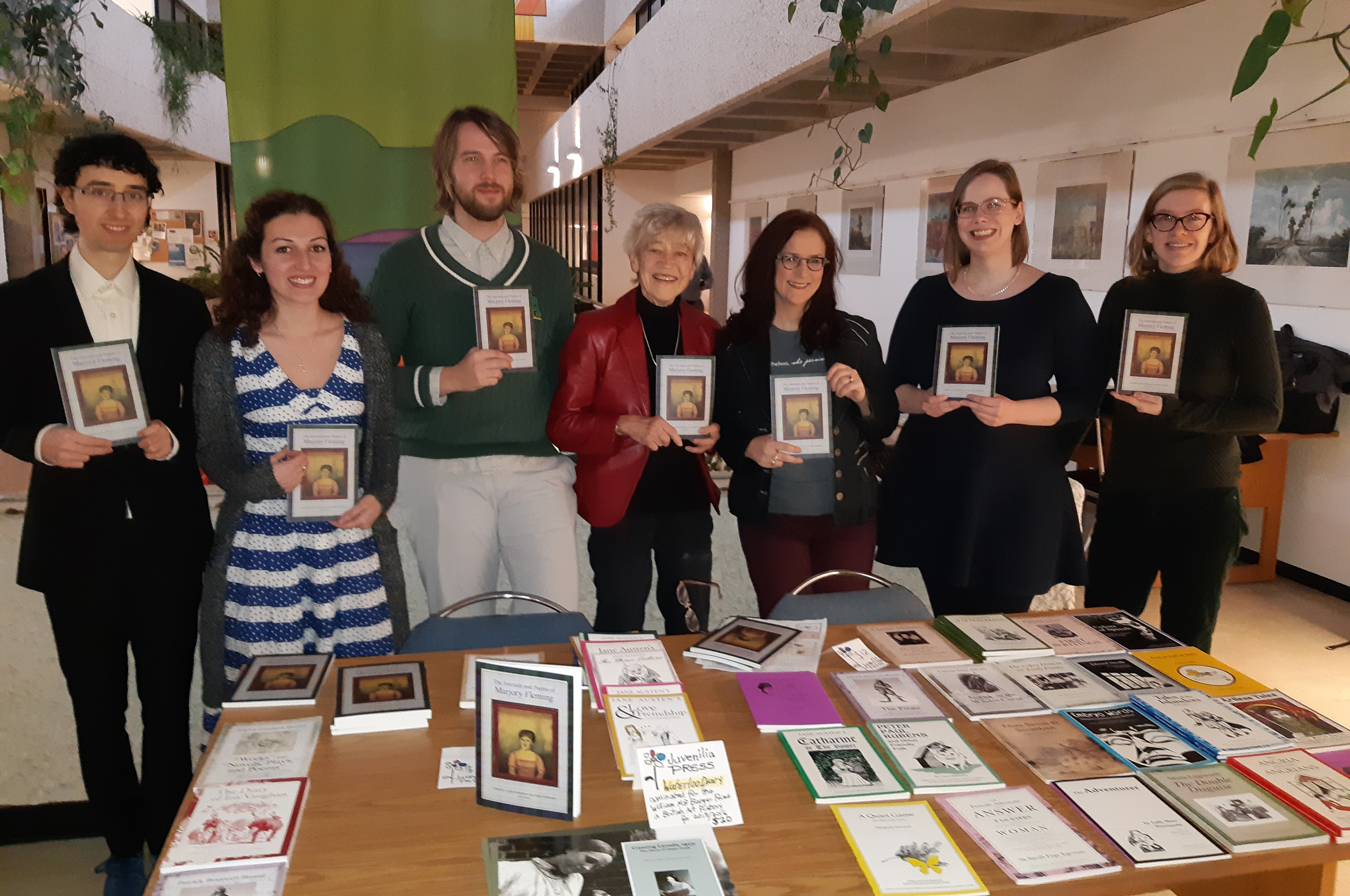 Aaron Mazo, Jasmyn Bojakli, Nicholas Siennicki, Juliet McMaster, Leslie Robertson, Alexandra Allen and Adela Burke at the book launch of The Journals and Poems of Marjory Fleming
